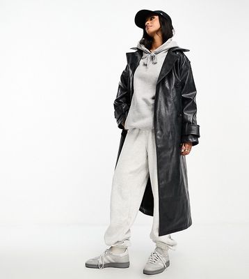 ASOS DESIGN Petite washed faux leather trench coat in charcoal-Gray