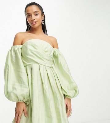 ASOS DESIGN Petite washed off shoulder balloon slv mini dress with wrap corset detail in sage green