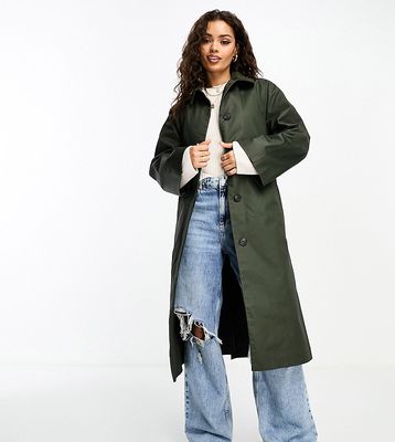 ASOS DESIGN Petite wax trench with cord collar in olive-Green