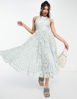 ASOS DESIGN pinny midi prom dress in pleated lace in sage-Green