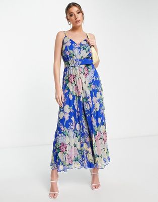 ASOS DESIGN pleated cami jumpsuit with waist belt in floral print-Multi