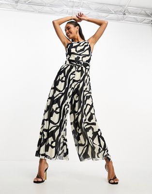 ASOS DESIGN pleated culotte jumpsuit with belt in mono abstract-Multi