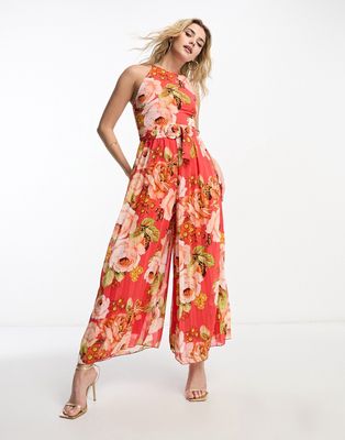 ASOS DESIGN pleated jumpsuit with belt in red floral-Multi