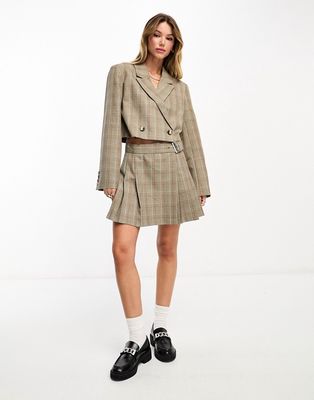 ASOS DESIGN pleated mini skirt with buckle belt in brown check