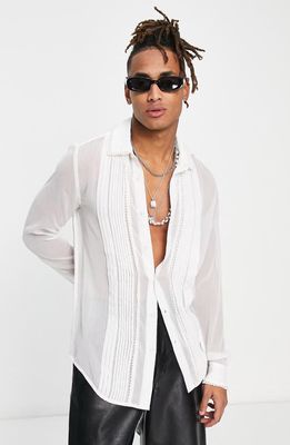 ASOS DESIGN Pleated Semisheer Regular Fit Button-Up Shirt in White