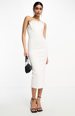 ASOS DESIGN Pleated Strapless Cocktail Midi Dress in White