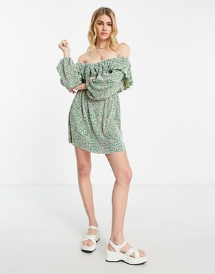 ASOS DESIGN plisse frill bardot mini dress with long sleeves in green and pink ditsy print-Multi