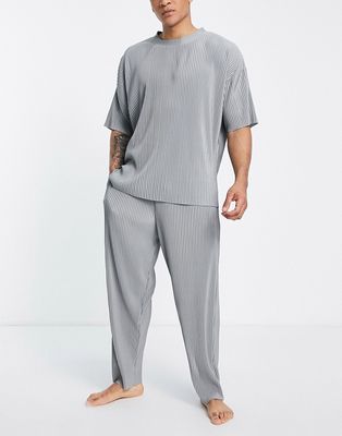 ASOS DESIGN plisse lounge shirt and pants pajama set in gray
