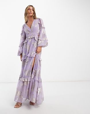 ASOS DESIGN plunge pintuck maxi dress with cut out and frills in lilac metallic floral jacquard-Multi