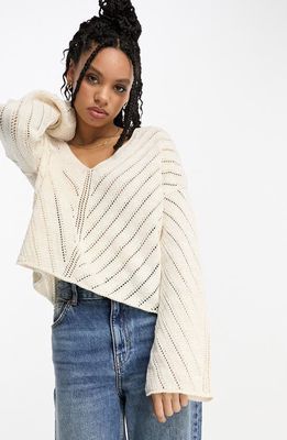 ASOS DESIGN Pointelle V-Neck Sweater in Cream
