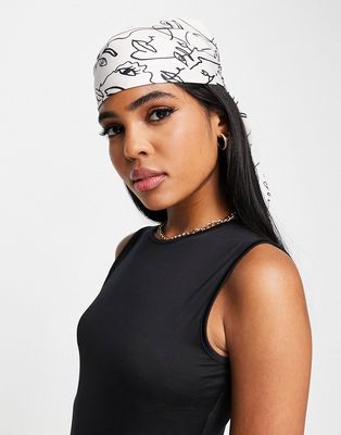 ASOS DESIGN polysatin large headscarf in face print in stone-Neutral