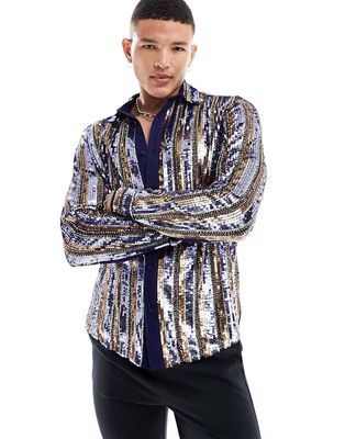 ASOS DESIGN Premium hand embellished beaded sequin stripe shirt-Blue