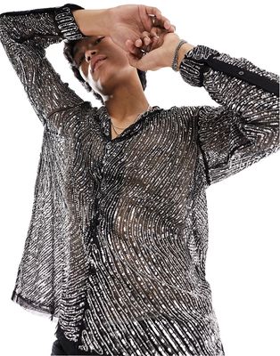ASOS DESIGN premium overshirt with all over hand embellishment in swirl print in black