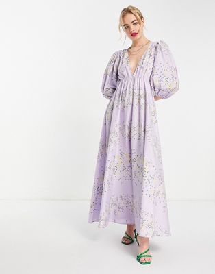 ASOS DESIGN premium puff sleeve poplin midi dress in lilac floral-Multi