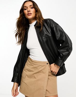 ASOS DESIGN premium real leather bomber jacket with collar in black