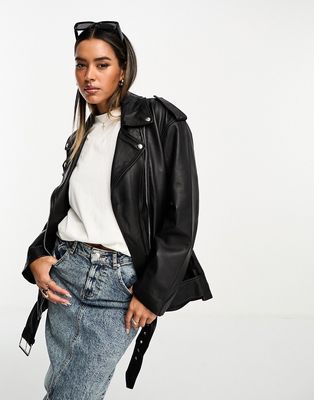 ASOS DESIGN premium real leather clean biker jacket in black