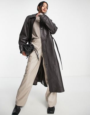 ASOS DESIGN premium real leather trench coat in brown