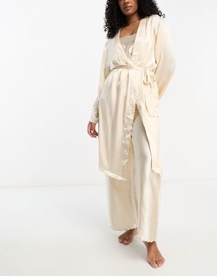 ASOS DESIGN premium satin embroidered midi robe in cream-White