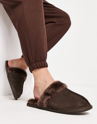 ASOS DESIGN premium sheepskin slippers in brown