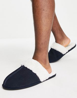 ASOS DESIGN premium sheepskin slippers in navy with cream lining
