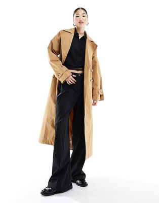 ASOS DESIGN premium shirred waist trench coat in terracotta-Brown