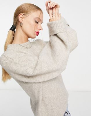 ASOS DESIGN premium sweater with turn back cuff in wool blend yarn in oatmeal-Green
