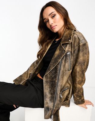 ASOS DESIGN premium washed real leather oversized moto jacket in brown