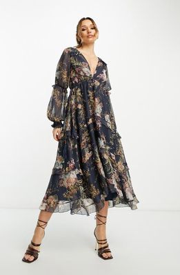 ASOS DESIGN Print Ruffle Long Sleeve Maxi Dress in Blue Multi