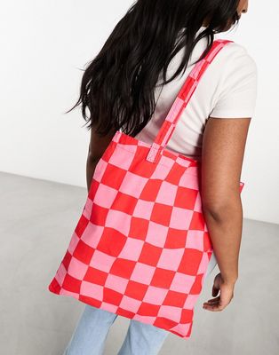ASOS DESIGN printed checkerboard canvas tote bag in pink and red-Multi