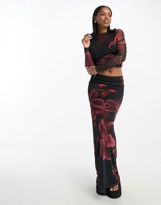 ASOS DESIGN printed floral mesh maxi skirt-Multi