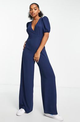 ASOS DESIGN Puff Sleeve Faux Wrap Crepe Jumpsuit in Navy