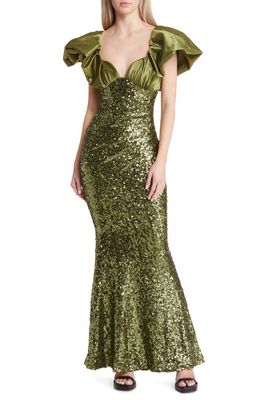 ASOS DESIGN Puff Sleeve Satin Sequin Gown in Light Green