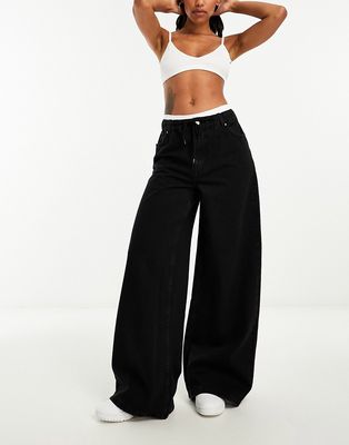 ASOS DESIGN pull on wide leg jeans in washed black