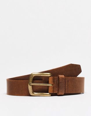 ASOS DESIGN real leather belt with burnished gold buckle in vintage brown