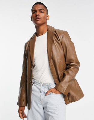 ASOS DESIGN real leather blazer in tan-Neutral