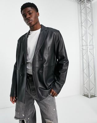 ASOS DESIGN real leather double breasted blazer in black