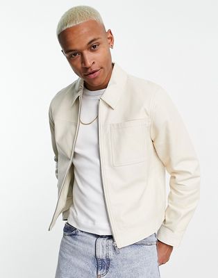 ASOS DESIGN real leather harrington jacket in ecru-White