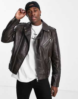 ASOS DESIGN real leather moto jacket in brown