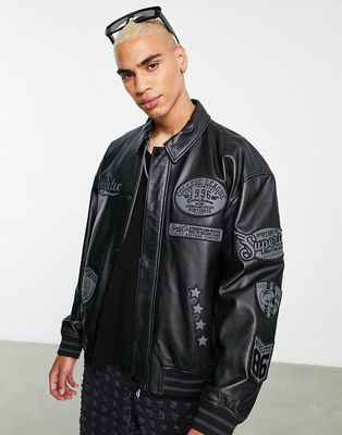 ASOS DESIGN real leather oversized varsity bomber jacket in black
