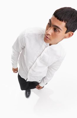 ASOS DESIGN Regular Fit Band Collar Button-Up Linen & Cotton Shirt in White