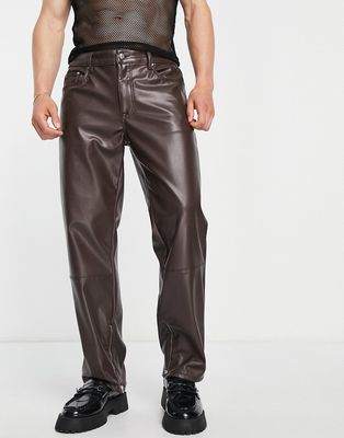 ASOS DESIGN regular fit jeans in brown leather look with zip detail-Black