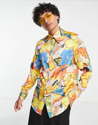 ASOS DESIGN regular longline satin shirt with 70s collar in floral - MULTI