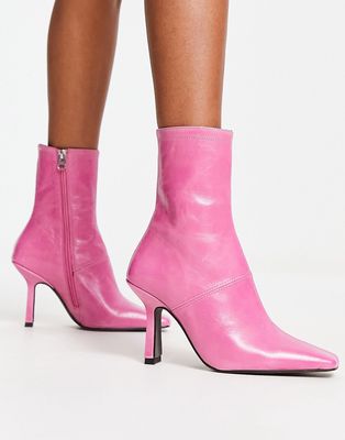 ASOS DESIGN Reign premium leather mid-heeled boots in pink