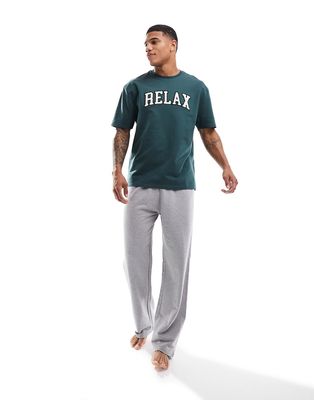 ASOS DESIGN relax slogan pajama set with texture detail in green