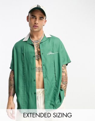 ASOS DESIGN relaxed camp collar bowling shirt in green with chest embroidery