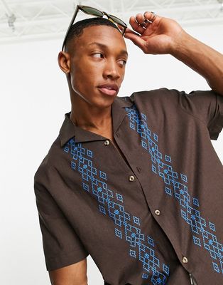 ASOS DESIGN relaxed camp collar linen mix shirt in brown with embroidered border