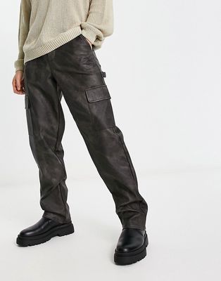 ASOS DESIGN relaxed cargo pants in washed leather look-Black