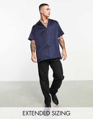 ASOS DESIGN relaxed deep revere collar satin shirt in blue-Navy