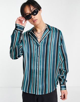 ASOS DESIGN relaxed deep revere satin shirt in blue and gray stripe in polyester