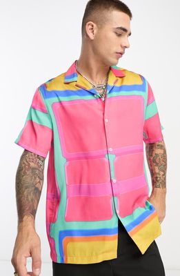 ASOS DESIGN Relaxed Fit Abstract Print Satin Button-Up Camp Shirt in Pink Multi